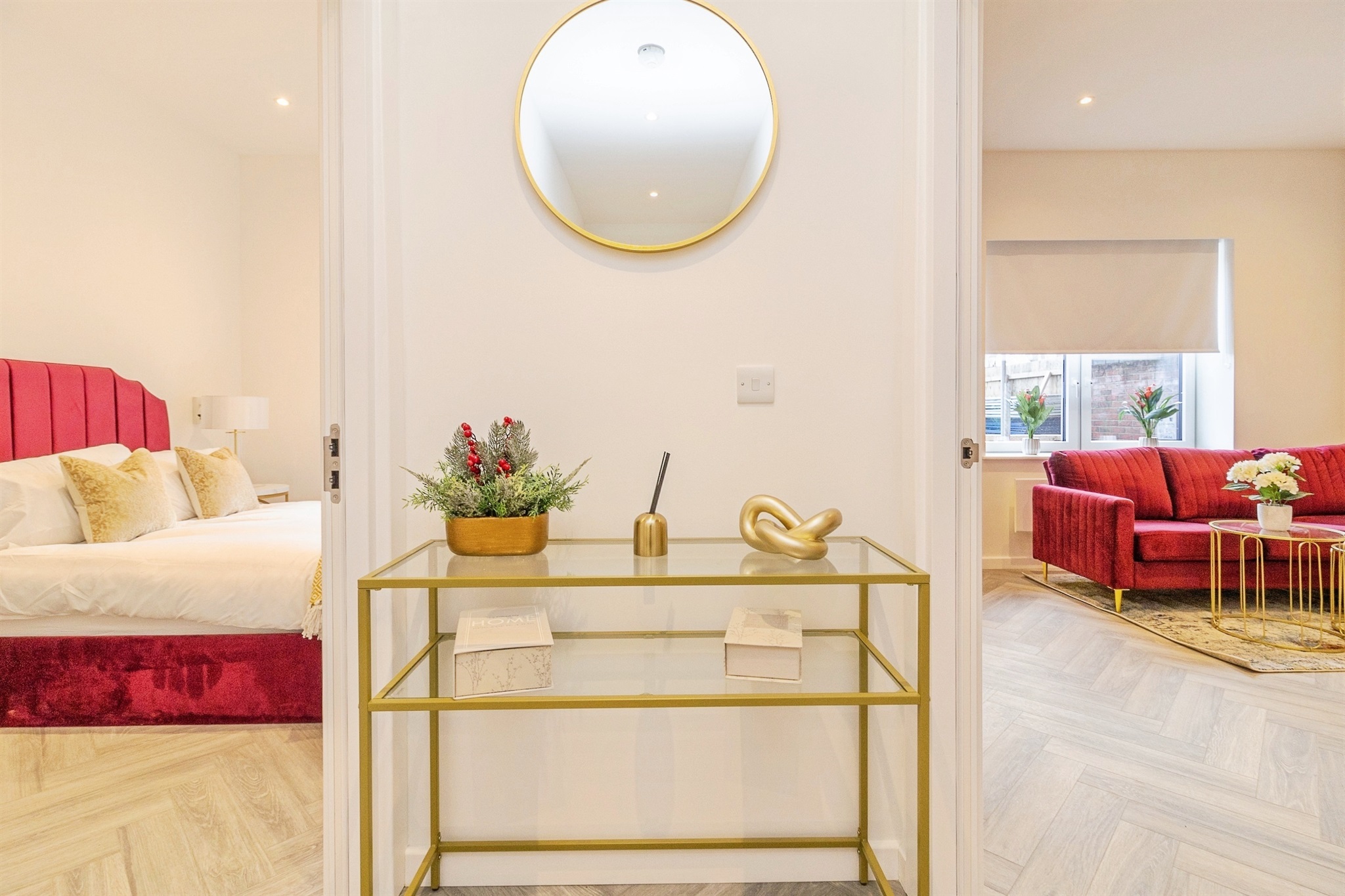 Modern luxury bedroom at Caldecotte Lake apartment in Milton Keynes with elegant décor, large windows, natural light and premium contemporary finishes.